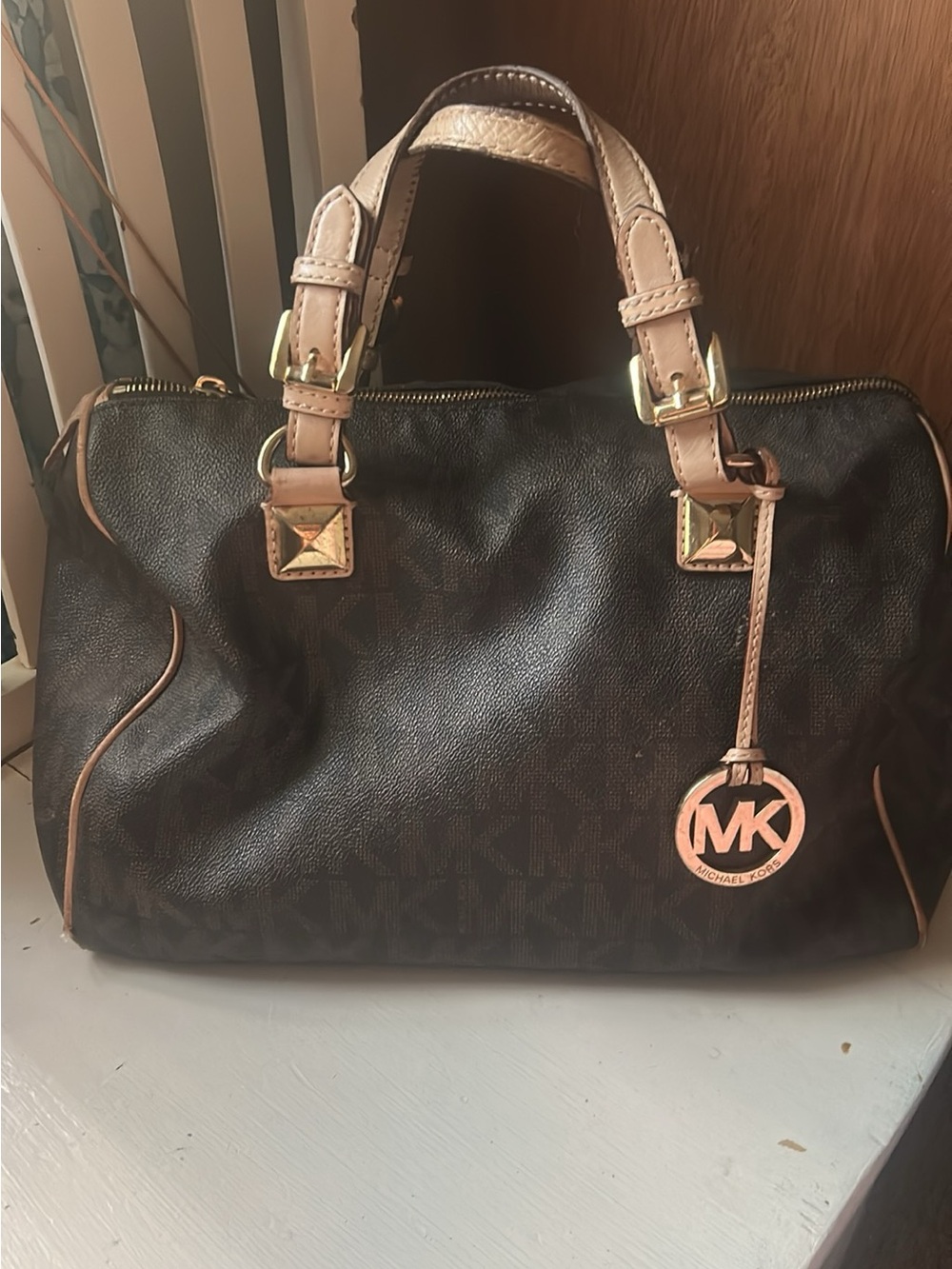 Michael Kors Brown and Tan Logo Satchel with Gold Hardware